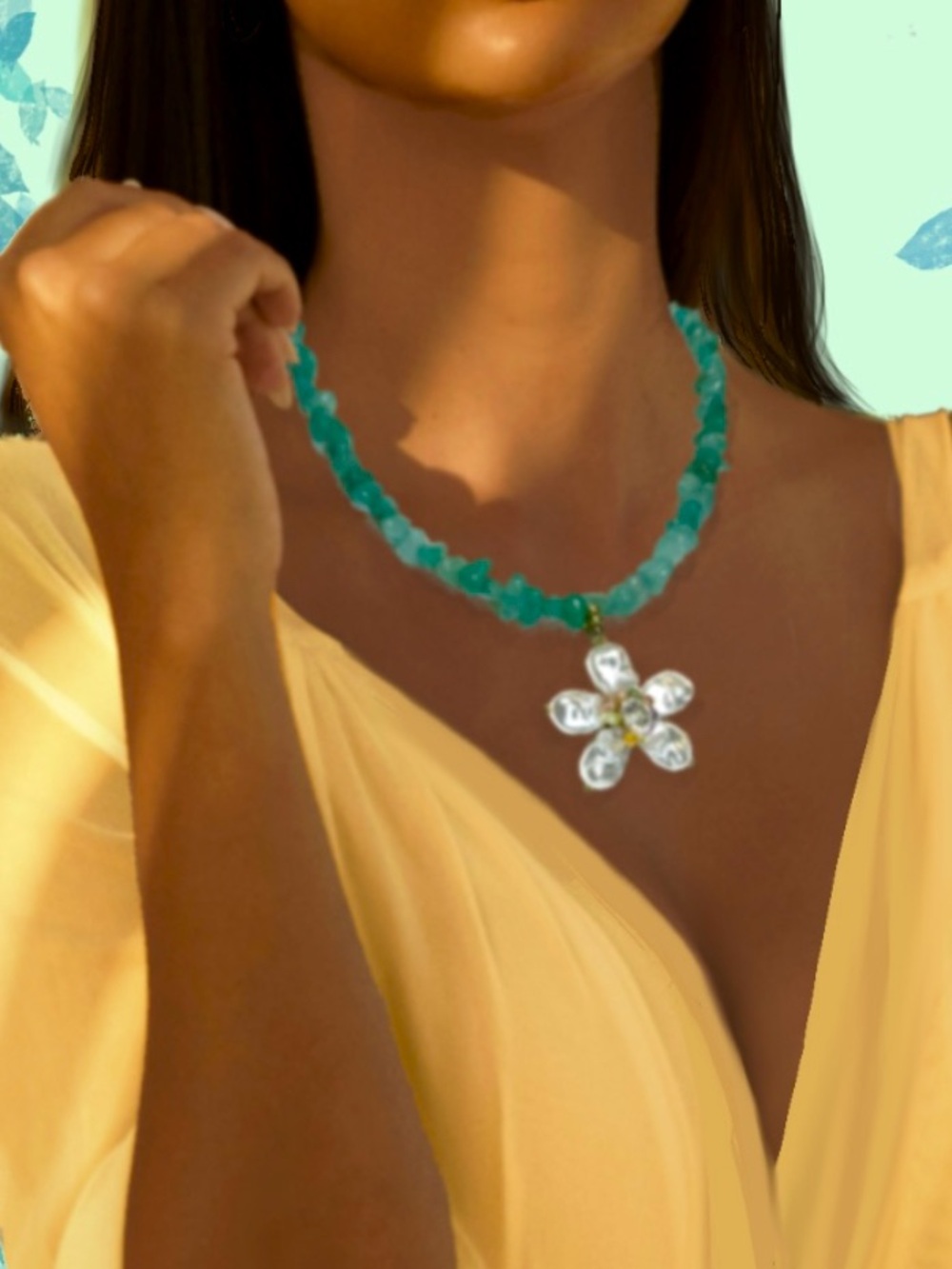 Green Natural Stone Statement Necklace w Candy Color Natural Stone Pearl Charm